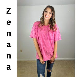 Zenana ACID WASH OVERSIZED FRONT POCKET RAW EDGE BOYFRIEND TEE Pink